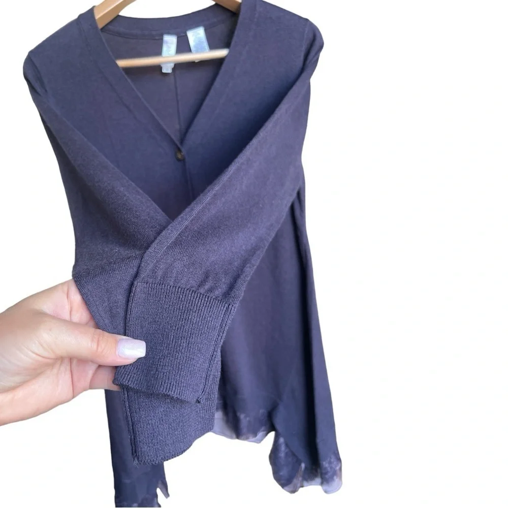 Tamsy Women’s Cashmere Cotton Navy Blue Lace Hem Tunic Cardigan Sweater, Small